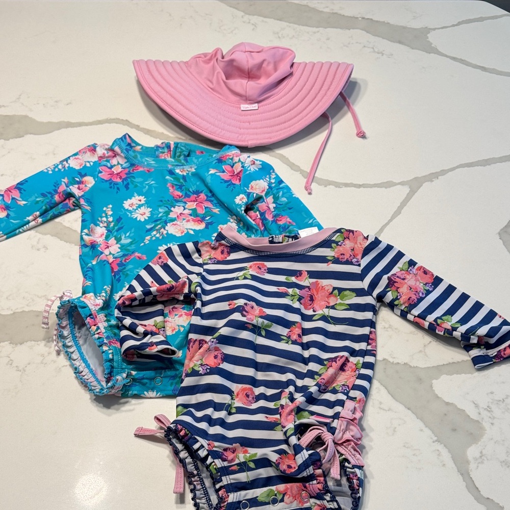 Ruffle Butts Floral and Striped Baby Swimsuit Set with Pink Sun Hat